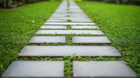 A serene pathway of smooth tiles winds through a lush park, surrounded by vibrant grass and greenery, inviting a peaceful stroll among nature's beauty.の素材