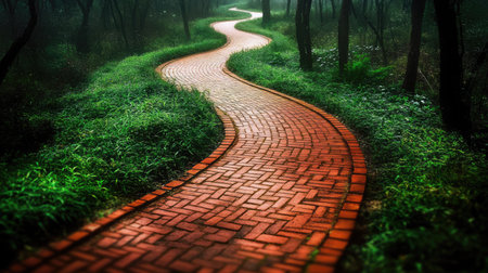 A scenic winding brick path stretches through a lush green environment, inviting exploration and tranquility amidst nature's beauty. Perfect for outdoor themes.の素材