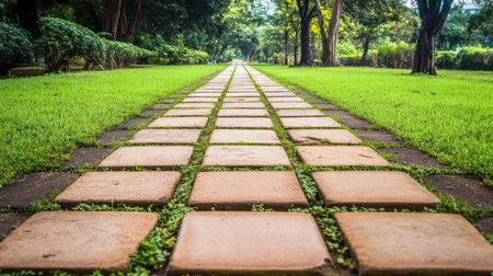 A beautiful pathway made of tiles runs through a green park, surrounded by lush trees and grass, creating a serene and tranquil environment for visitors to enjoy nature.の素材