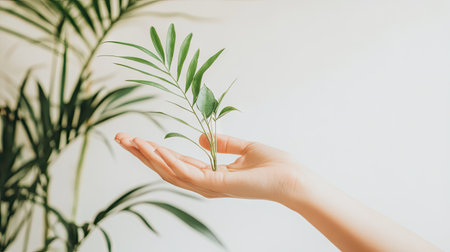 A graceful hand giving a small green plant, symbolizing care and harmony with nature. Perfect for themes of growth, tranquility, and environmental appreciation.の素材