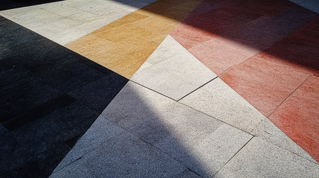 Discover a colorful geometric pattern on a floor surface, showcasing vibrant colors and textures. The interplay of light and shadow enhances this artistic design.の素材