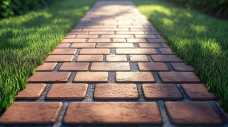 Discover an enchanting brick walkway surrounded by lush green grass, creating a serene and inviting outdoor space perfect for leisurely strolls.の素材