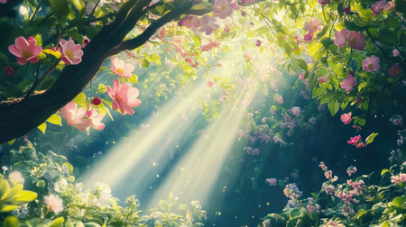 Experience the beauty of a sunlit forest scene, where vibrant flowers bloom amidst gentle sunlight. A perfect depiction of nature's tranquility and magic.の素材