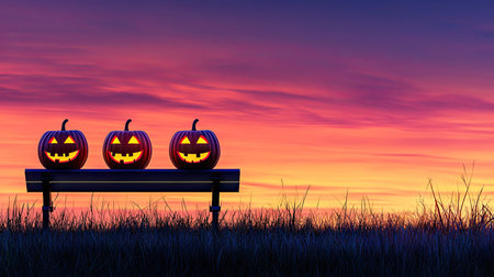 Experience a hauntingly beautiful sunset featuring spooky jack o' lanterns on a bench. This atmospheric scene captures the essence of Halloween in a vibrant landscape.の素材
