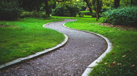 Explore a serene meandering trail surrounded by lush greenery. This picturesque path invites relaxation and exploration within a peaceful natural landscape.の素材