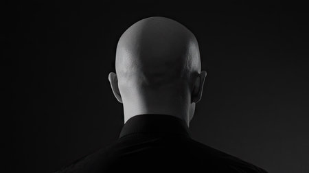 A striking monochrome image of a bald man viewed from the back, showcasing the simplicity and elegance of the human form against a dark background.の素材