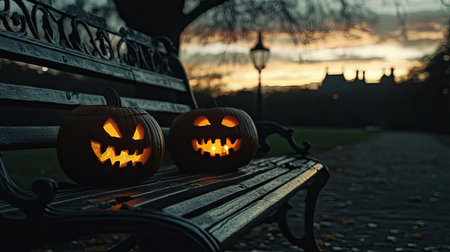 Explore a serene autumn evening featuring two glowing Jack-o'-Lanterns on a park bench, surrounded by a picturesque dusk atmosphere, perfect for Halloween themes.の素材