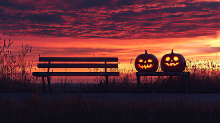 This atmospheric image features two cheerful Jack-o'-Lanterns sitting on a bench during a stunning sunset, creating a spooky yet festive Halloween vibe.の素材