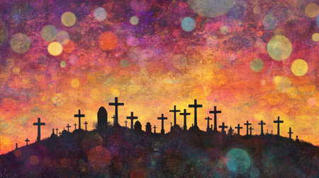 Experience a captivating sunset view featuring silhouetted crosses against a vibrant sky, perfect for evoking feelings of peace and reflection in artistic collections.の素材