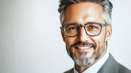 A charming portrait of a wealthy middle-aged man exuding confidence and professionalism. The individual, dressed in a crisp suit, smiles invitingly, highlighting a modern and sophisticated lifestyle.の素材