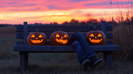 Three glowing Jack O' Lanterns sit on a bench during a stunning sunset. The warm lights create a festive atmosphere, perfect for Halloween celebrations.の素材