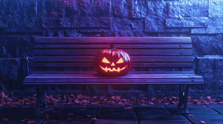 A spooky carved Halloween pumpkin glows vibrantly on a rustic bench surrounded by autumn leaves, creating an eerie yet festive atmosphere at night.の素材
