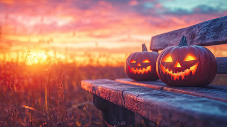 Two glowing Jack O' Lanterns rest on a rustic bench during a stunning sunset. The vibrant colors illuminate the autumn field, creating a festive Halloween atmosphere.の素材