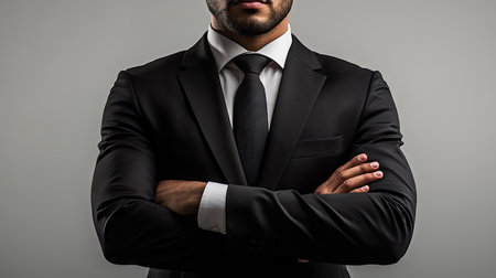 A portrait of a confident businessman showcasing professionalism and style. His formal attire and strong pose convey determination and success in a corporate setting.の素材