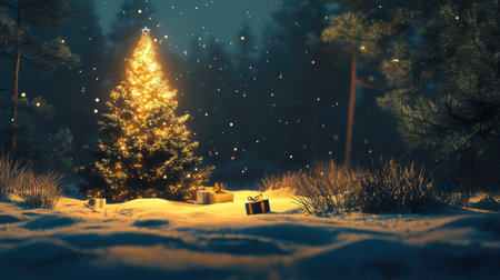 A beautifully lit Christmas tree stands serenely in the snow, adorned with decorations and surrounded by presents, capturing the magical essence of winter celebrations.の素材