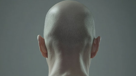 This image features a close-up view of a bald male head from the rear, emphasizing skin texture and anatomical details against a subtle background.の素材