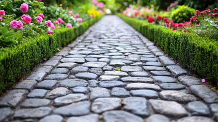 A stunning close-up view of a charming stone pathway surrounded by vibrant flowers, creating a peaceful ambiance perfect for outdoor relaxation and enjoyment.の素材
