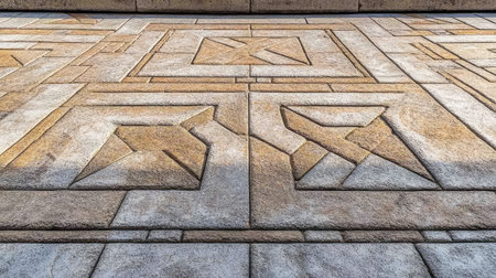 Detailed close-up of patterned cement paving highlighting geometric designs and textures. Ideal for architecture, construction, and outdoor design themes.の素材