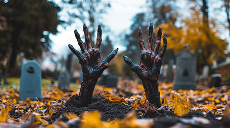 A pair of gruesome zombie hands rise from the ground in a chilling autumn cemetery scene, surrounded by fallen leaves and tombstones, evoking horror.の素材