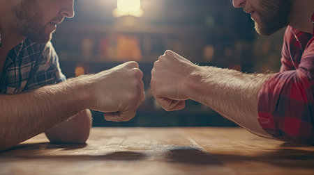 Two men fiercely compete in an intense arm wrestling match, showcasing raw strength and determination. The close-up highlights focus and rivalry amid a warm atmosphere.の素材
