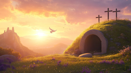 This dramatic scene captures an empty tomb at sunset, featuring three crosses in a serene landscape. A bird flies overhead, symbolizing hope and resurrection.の素材