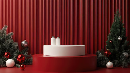 A stylish cosmetic display featuring white bottles on a red podium, accented with festive decorations, creating a modern and elegant promotional scene.の素材