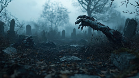A chilling scene captures a ghoulish zombie hand clawing through the earth in a foggy graveyard, creating an eerie atmosphere perfect for horror themes.の素材