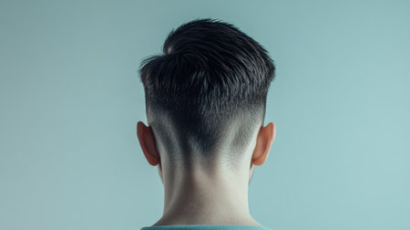 This stock photo features a close-up of a male head viewed from the rear, showcasing a modern hairstyle against a soft, minimalistic background.の素材