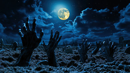 A dramatic view of multiple zombie hands breaking through soil under a haunting full moon, creating a chilling and surreal atmosphere perfect for horror themes.の素材