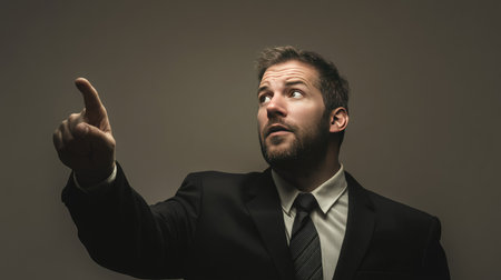 A confident adult male employee in a classic black suit points upward, showcasing determination and authority. Perfect for business and motivational themes.の素材