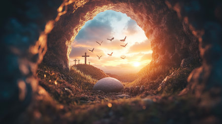 Explore the serene beauty of an empty tomb at sunset, framed by lush grass and a striking sky, symbolizing hope and tranquility in nature's embrace.の素材