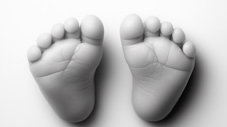 This image showcases delicate baby feet viewed from above, featuring a minimalist design with soft lighting and gentle shadows, perfect for conveying innocence and tenderness.の素材