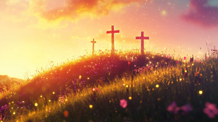 A serene sunset scene featuring three crosses on a gentle hill, surrounded by blooming flowers. The warm colors create a peaceful atmosphere perfect for reflection and tranquility.の素材