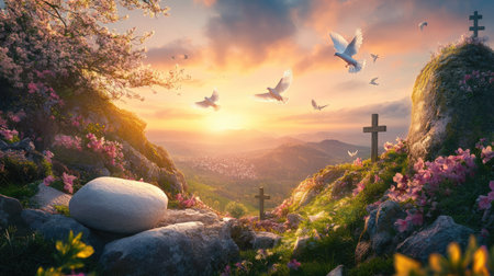 A serene scene capturing an empty tomb surrounded by vibrant flowers and gentle hills, bathed in the warm light of sunrise, symbolizing peace and hope.の素材
