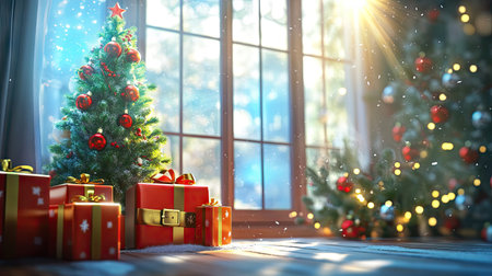 A cozy Christmas scene featuring a beautifully decorated tree surrounded by colorful presents, bathed in soft, warm light, evoking holiday cheer and tranquility.の素材