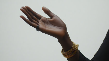 This elegant isolated shot features a woman's hand adorned with beautiful jewelry, showcasing stylish accessories against a minimalistic background.の素材
