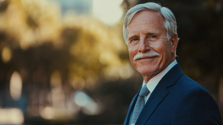 A distinguished elder man in an elegant suit smiles gently in an outdoor setting. The soft focus on the background adds warmth to this portrait of confidence and charm.の素材