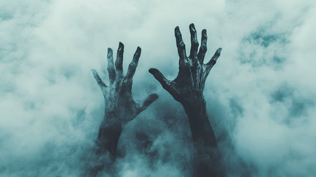 A haunting image of zombie hands emerging from dense fog, creating an eerie atmosphere. Perfect for horror-themed projects, with surreal and chilling undertones.の素材