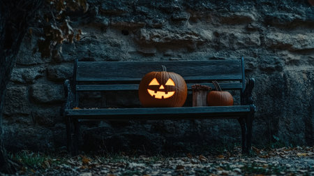 An eerie scene featuring a glowing Jack-o'-Lantern on a bench, perfect for capturing the essence of Halloween nights and autumn festivities.の素材