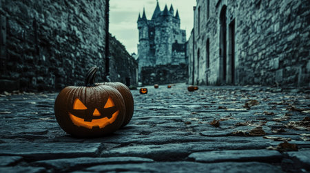 Discover an eerie Halloween scene featuring glowing pumpkins set against a mysterious stone street and an ancient castle backdrop. Perfect for autumn vibes!の素材