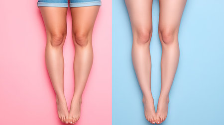 A creative comparison of leg aesthetics presented on vibrant pink and blue backgrounds, highlighting differences in smoothness and styling.の素材