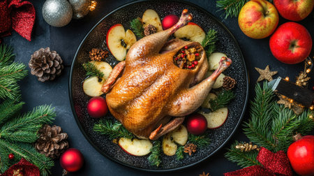 A beautifully arranged festive roast turkey on a decorative plate, surrounded by seasonal garnishes like apples and pine, perfect for Christmas celebrations.の素材