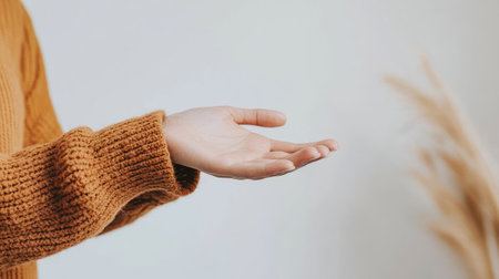 An elegant isolated shot of a woman's hand presented in soft light. This minimalist and artistic image captures tenderness and beauty, perfect for various conceptual uses.の素材