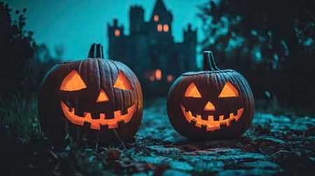 Two glowing Halloween pumpkins light up the path in front of a spooky castle, creating an enchanting yet eerie atmosphere perfect for the season.の素材
