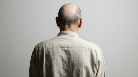A solitary man stands with his back to the viewer, showcasing a minimalist design. The neutral background emphasizes the figure's thoughtful pose and calm demeanor.の素材