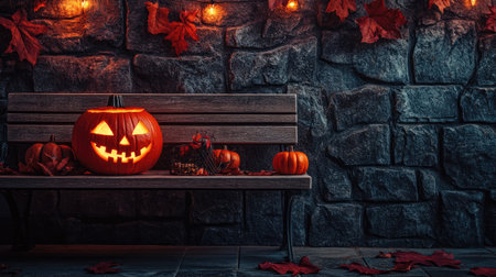 A glowing carved pumpkin sits on a rustic bench surrounded by autumn leaves, creating a cozy Halloween atmosphere perfect for celebrations and decor.の素材