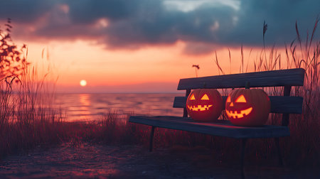 Two glowing Jack O' Lanterns rest on a bench by the water at sunset, creating a haunting atmosphere. The soft dusk light enhances the eerie yet beautiful fall ambiance.の素材