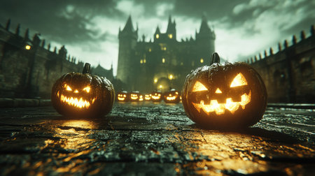 Experience the thrill of Halloween with this stunning image of glowing pumpkins set against a haunting castle backdrop, perfect for evoking festive spirit.の素材