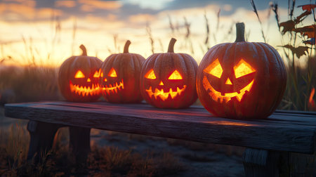 Experience the enchanting glow of Halloween pumpkins displayed at sunset, casting a festive aura in the autumn landscape. Perfect for seasonal themes.の素材