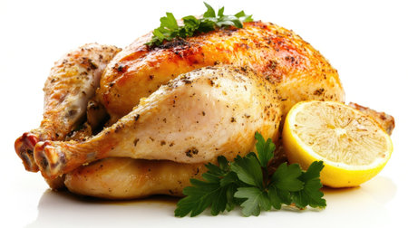 A beautifully roasted chicken garnished with fresh herbs and lemon slices, perfect for a family dinner or festive meal. Enjoy the savory flavors!の素材